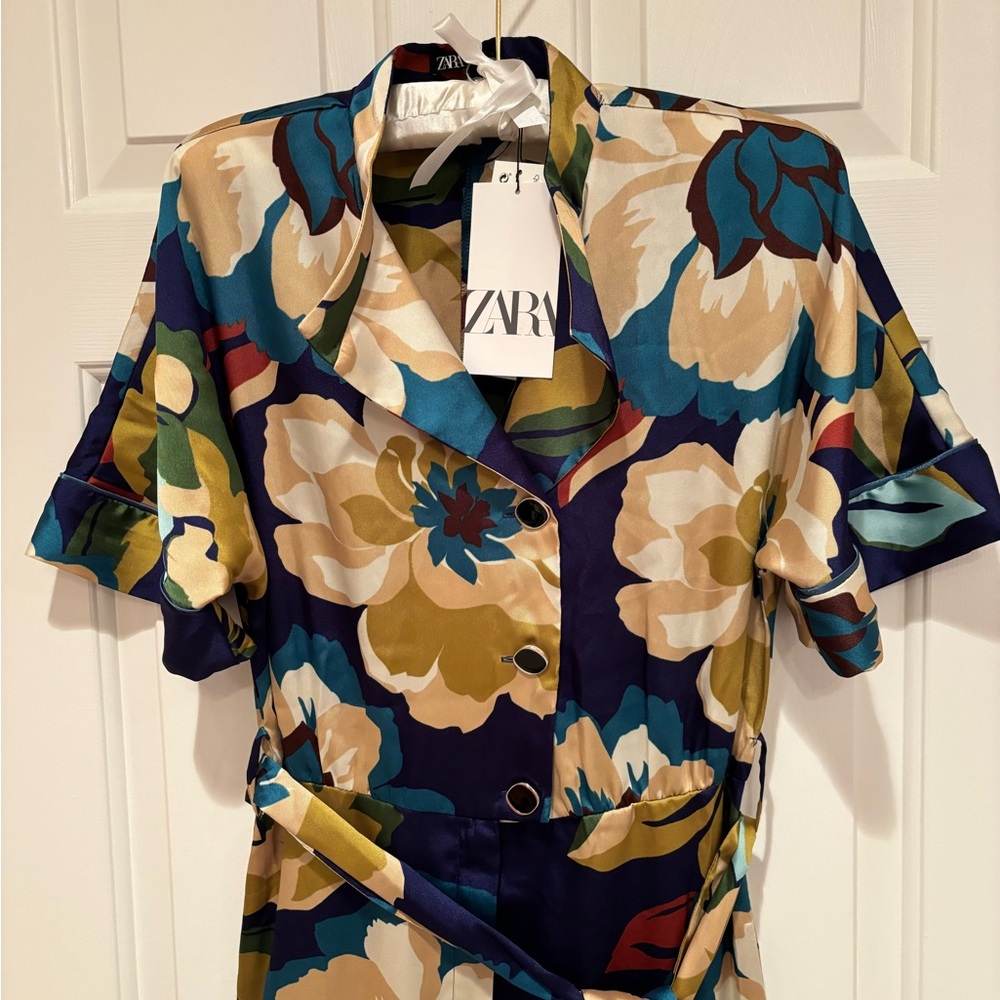 Zara Floral Jumpsuit in Navy, Teal, Mustard & Cream small - Picture 3 of 8